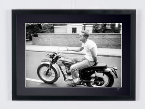 Steve McQueen on Triumph TR6 1966 — framed cinema photograph, Fine Art print