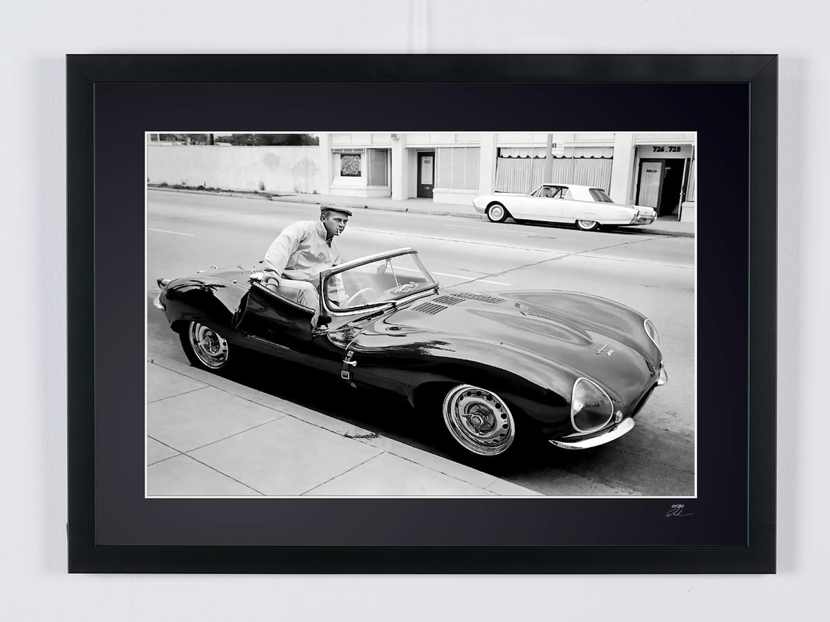 Fine art photograph of Steve McQueen in Steve McQueen — with the Jaguar XK-SS, hand-framed — limited edition of 30 numbered prints.